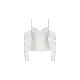 Saya Satin Top: An off-the-shoulder white satin crop top featuring thin spaghetti straps, long sleeves, and structured underwire cups. This elegant, fitted top is showcased against a plain white background.