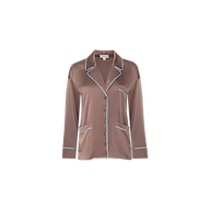 The Mara Blouse is a brown satin pajama top featuring a relaxed fit, long sleeves, white piping accenting the collar, cuffs, and pockets, and a front button closure, shown against a plain white background.