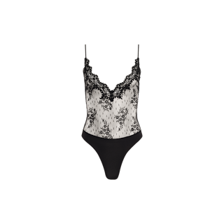 Kaelith Lace Bodysuit featuring adjustable straps, a sheer Chantilly floral lace front, scalloped lace neckline, and a solid black bottom, displayed on a plain white background.