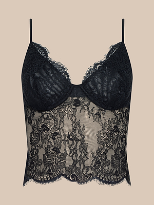 The Rosel Lace Camisole features boudoir-inspired black lace, thin shoulder straps, underwire cups, and a sheer floral lace bodice, shown against a plain beige background.