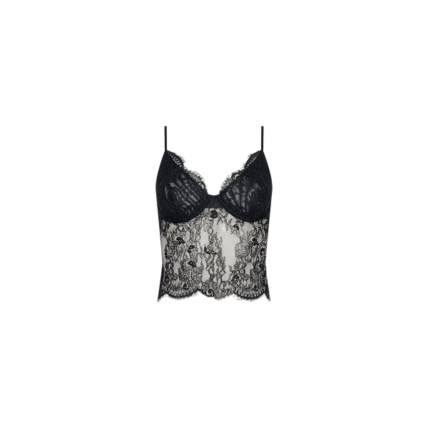 The Rosel Lace Camisole features thin shoulder straps and a semi-sheer floral Chantilly lace design, finished with scalloped edging at the hem and bust for a boudoir-inspired look.