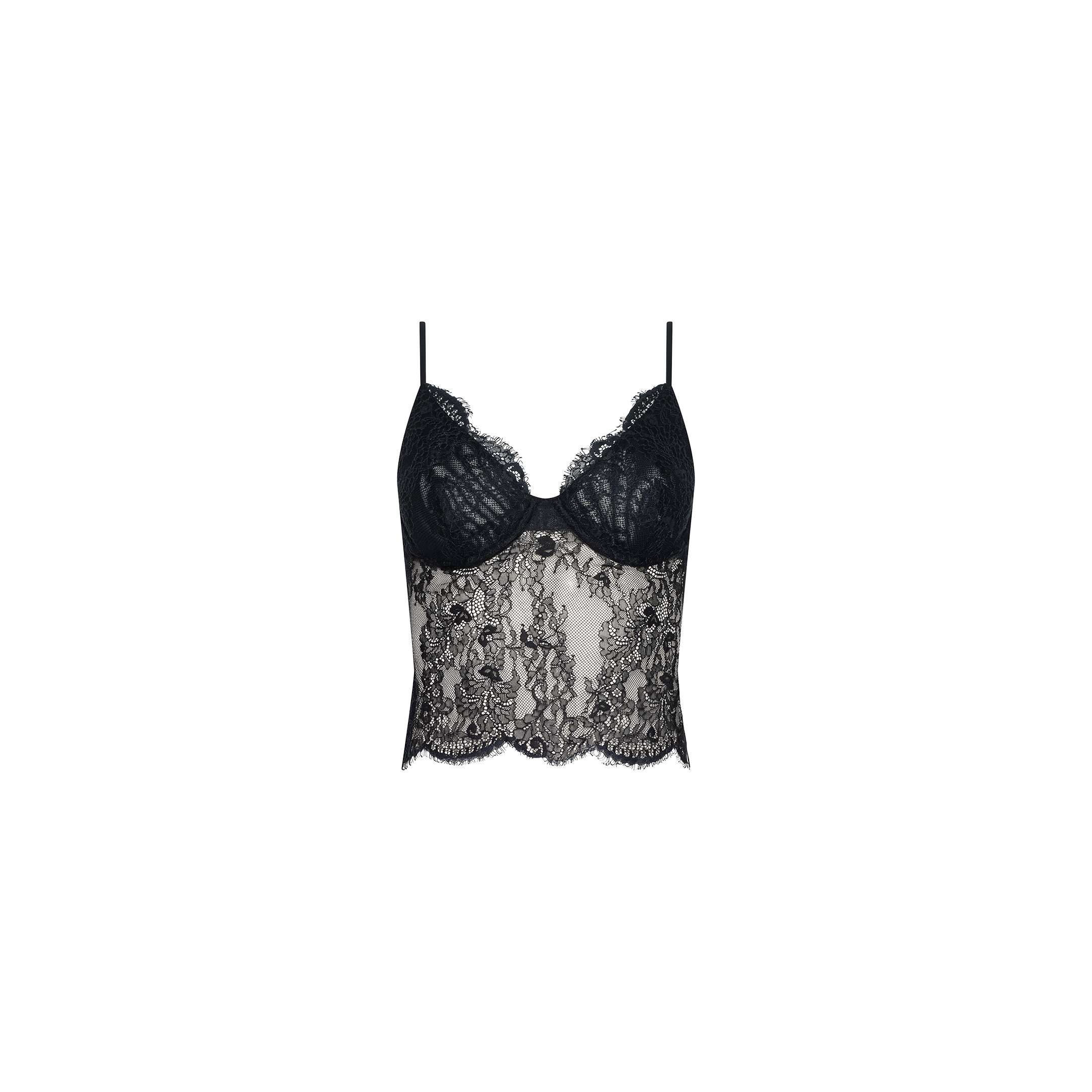 The Rosel Lace Camisole features thin shoulder straps and a semi-sheer floral Chantilly lace design, finished with scalloped edging at the hem and bust for a boudoir-inspired look.
