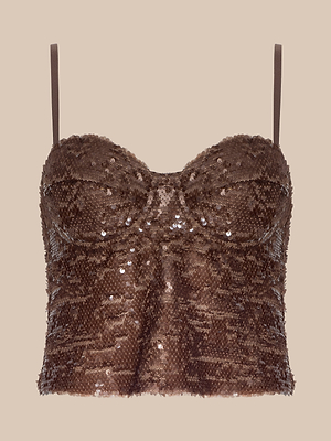 The Lior Sequin Top features a hazelnut brown color, slim shoulder straps, sweetheart neckline, and a sculpting fit—perfect for going out. Shown against a plain beige background.