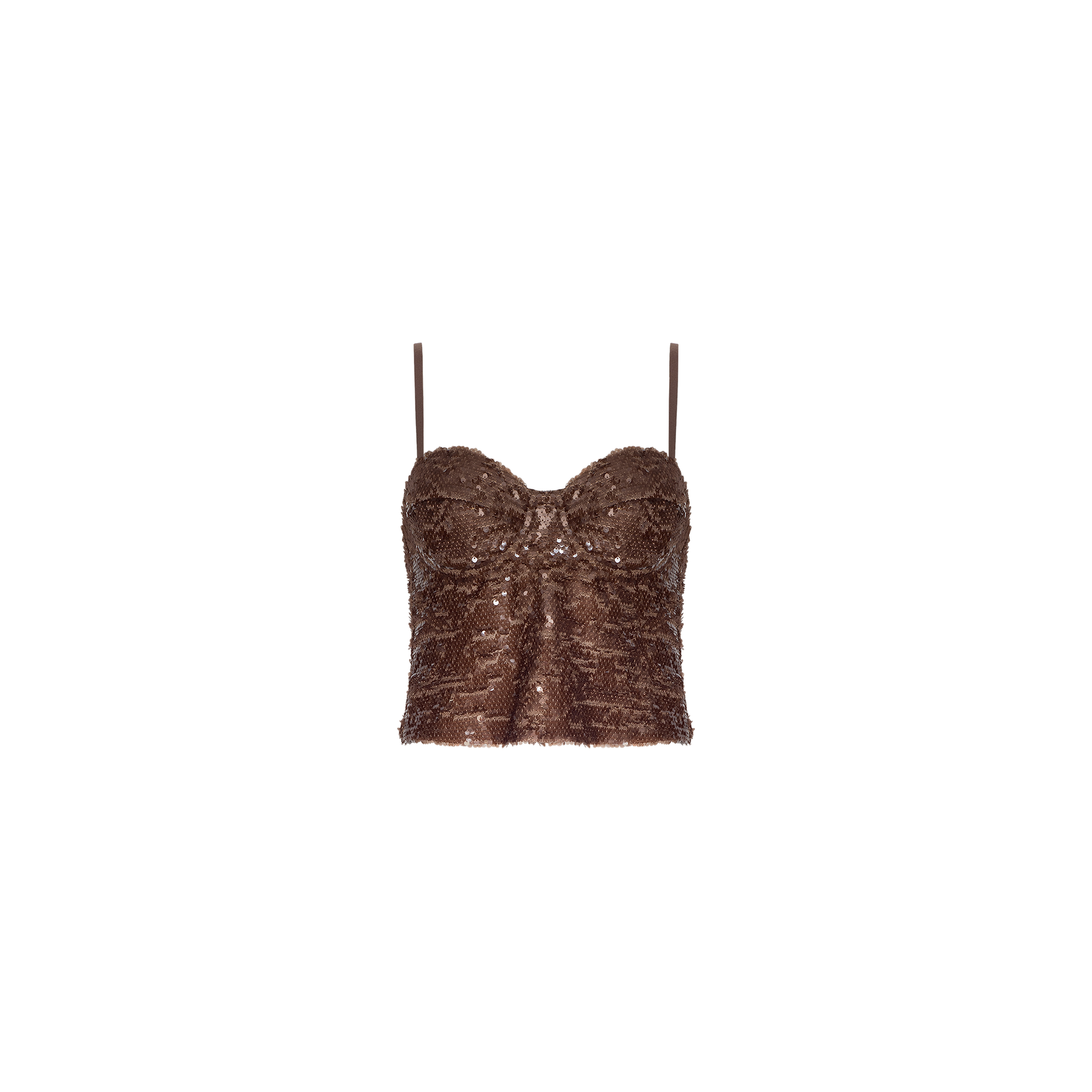 Lior Sequin Top in hazelnut brown features shimmering sequins, thin spaghetti straps, a sweetheart neckline, and structured cups for a flattering fit. This fitted, textured going-out top is perfect for nights out and is displayed on a plain white background.