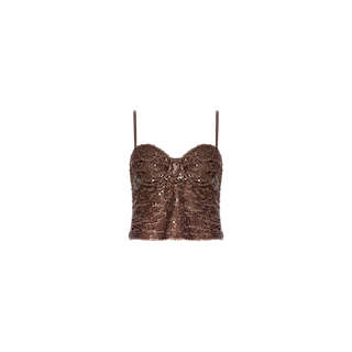 Lior Sequin Top in hazelnut brown features shimmering sequins, thin spaghetti straps, a sweetheart neckline, and structured cups for a flattering fit. This fitted, textured going-out top is perfect for nights out and is displayed on a plain white background.