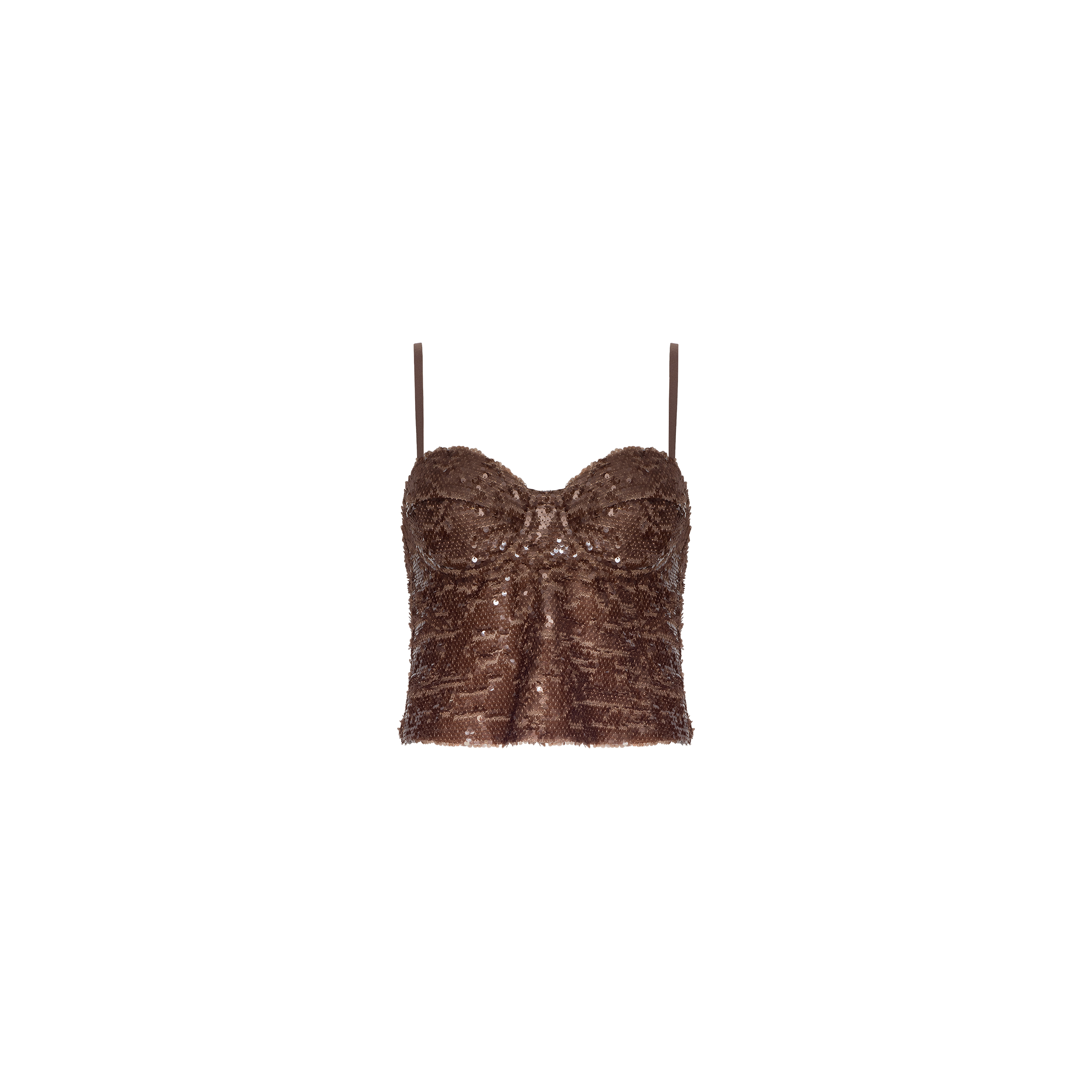 Lior Sequin Top in hazelnut brown features shimmering sequins, thin spaghetti straps, a sweetheart neckline, and structured cups for a flattering fit. This fitted, textured going-out top is perfect for nights out and is displayed on a plain white background.