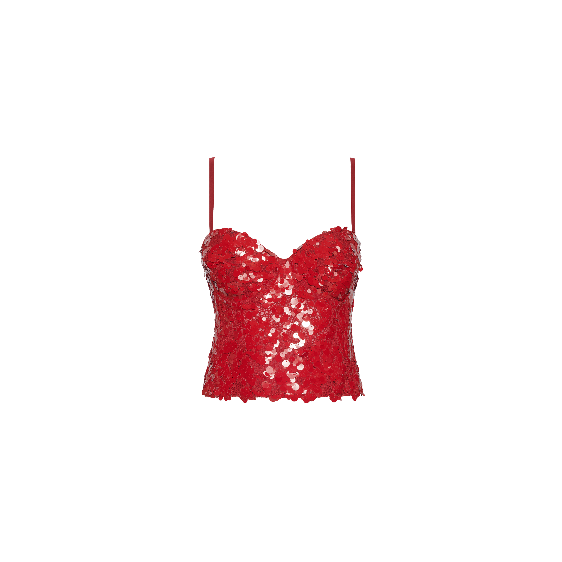 Lior Sequin Top featuring a red sequined bustier with structured cups and thin shoulder straps.