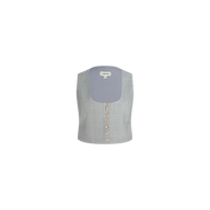 The Arwen Vest is a light gray plaid cropped vest showcasing a scoop neckline and five tan buttons down the front. Expertly crafted from a lightweight wool blend, it’s ideal for layering with your favorite power suit. Shown against a plain white background.