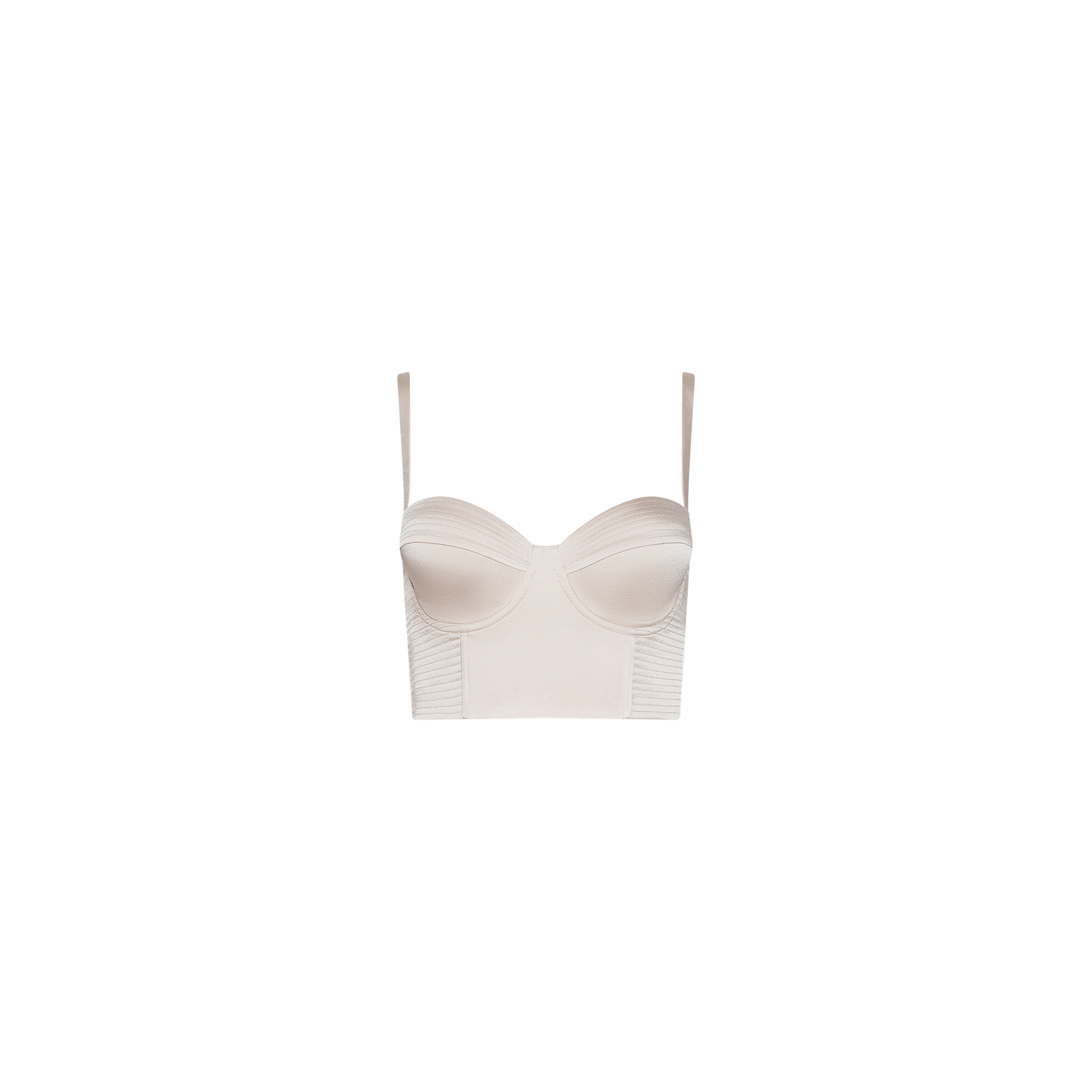 The Nysa Bustier Top is a light beige, bustier-style crop top featuring adjustable straps, structured cups reminiscent of a satin underwire bra, and ribbed detailing along the sides. It is displayed on a plain white background.