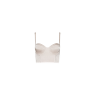 The Nysa Bustier Top is a light beige, bustier-style crop top featuring adjustable straps, structured cups reminiscent of a satin underwire bra, and ribbed detailing along the sides. It is displayed on a plain white background.