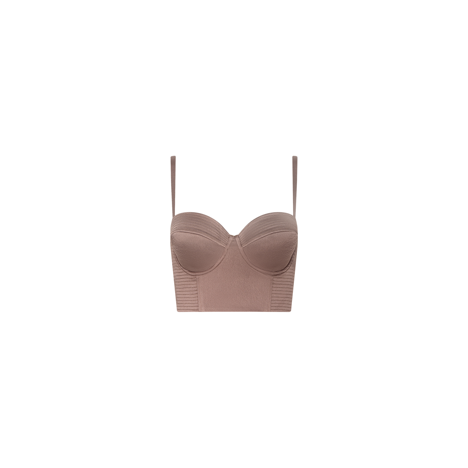 The Nysa Bustier Top in taupe features adjustable straps, structured cups, and a fitted bodice, showcased against a plain white background.