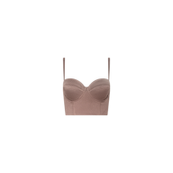 The Nysa Bustier Top in taupe features adjustable straps, structured cups, and a fitted bodice, showcased against a plain white background.