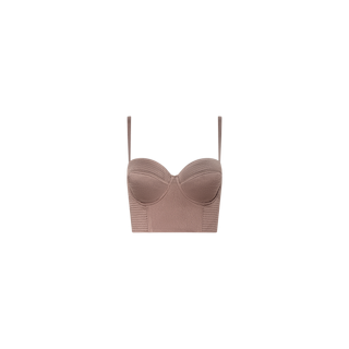 The Nysa Bustier Top, shown on a plain white background, features a taupe hue with thin adjustable straps, molded cups for added shape, and ribbed detailing along the lower sides.