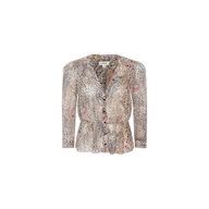 The Suri Top is a long-sleeve, button-up blouse showcasing a paisley animal print in neutral and muted earth tones. Made from lightweight poly chiffon, it features a V-neckline and a slightly flared hem.