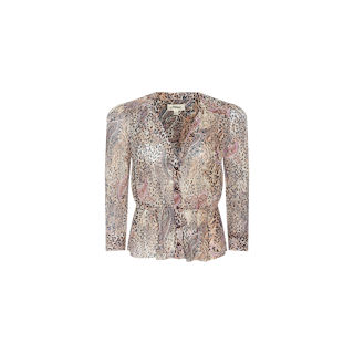 The Suri Top is a sheer, long-sleeved poly chiffon blouse featuring a paisley animal print, v-neckline, and waist-cinching detail, shown on a white background.