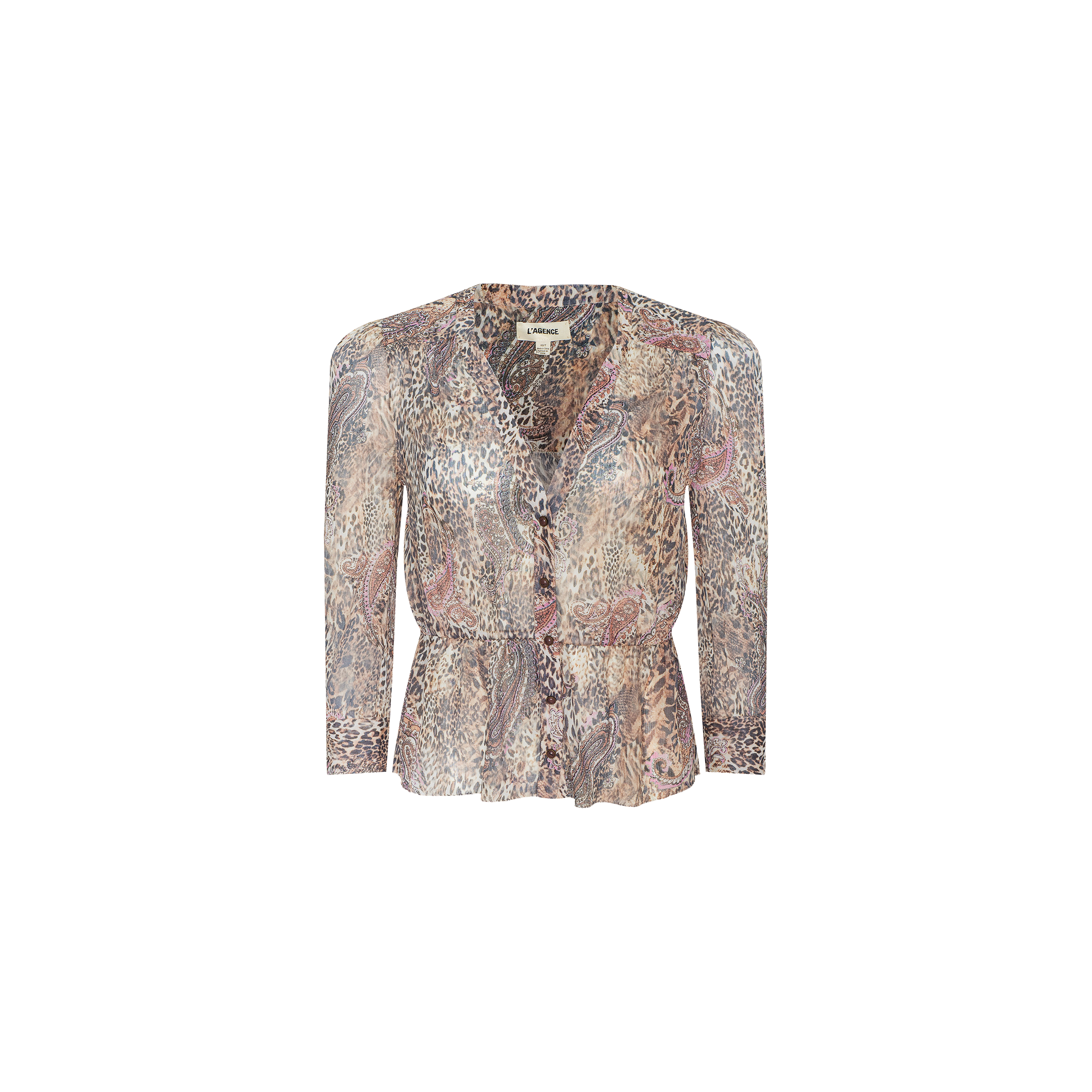 The Suri Top is a long-sleeve, button-up blouse showcasing a paisley animal print in neutral and muted earth tones. Made from lightweight poly chiffon, it features a V-neckline and a slightly flared hem.