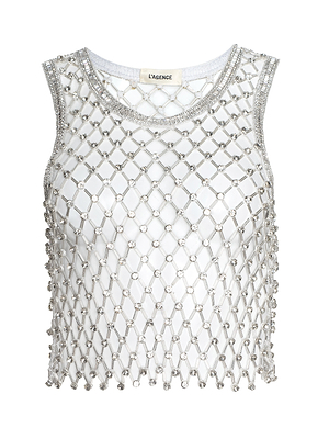 The Freia Crystal Tank is a sleeveless silver mesh crop top with rhinestone embellishments, round neckline, lattice pattern, visible white lining, and LAGENCE label at the neck—perfect as a party layer.