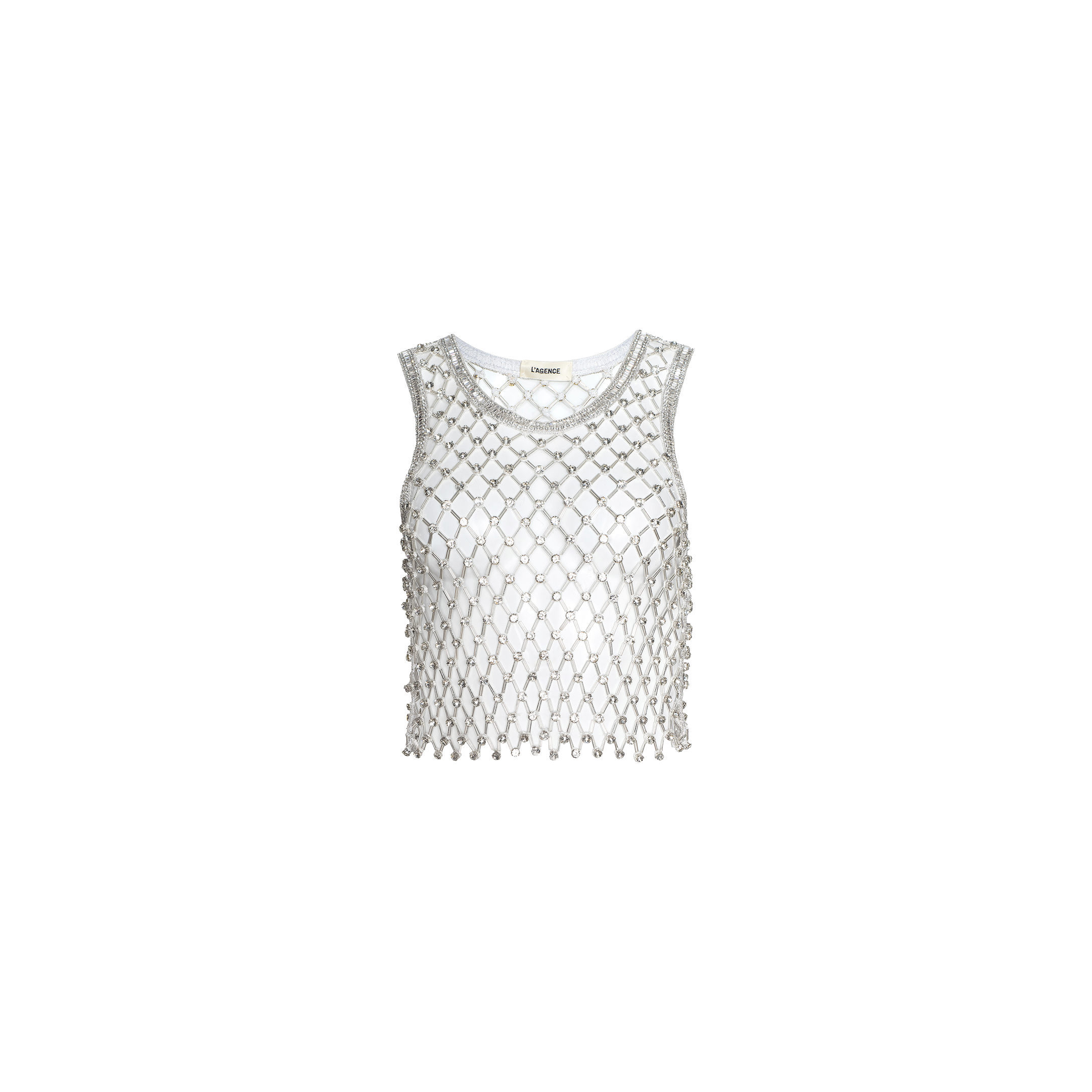 The Freia Crystal Tank features a sleeveless, silver diamond-mesh overlay atop a white tank top, creating an artisanal beaded effect perfect for parties, and is displayed against a plain white background.