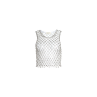 The Freia Crystal Tank features a sleeveless, silver diamond-mesh overlay atop a white tank top, creating an artisanal beaded effect perfect for parties, and is displayed against a plain white background.