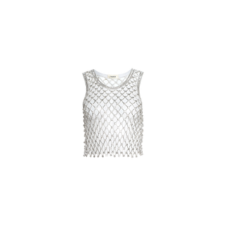 The Freia Crystal Tank is a sleeveless silver mesh crop top with sparkling beaded embellishments and a netted design, embodying the essence of artisanal evening wear.