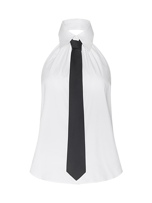 White halter top with a black tie on a white background