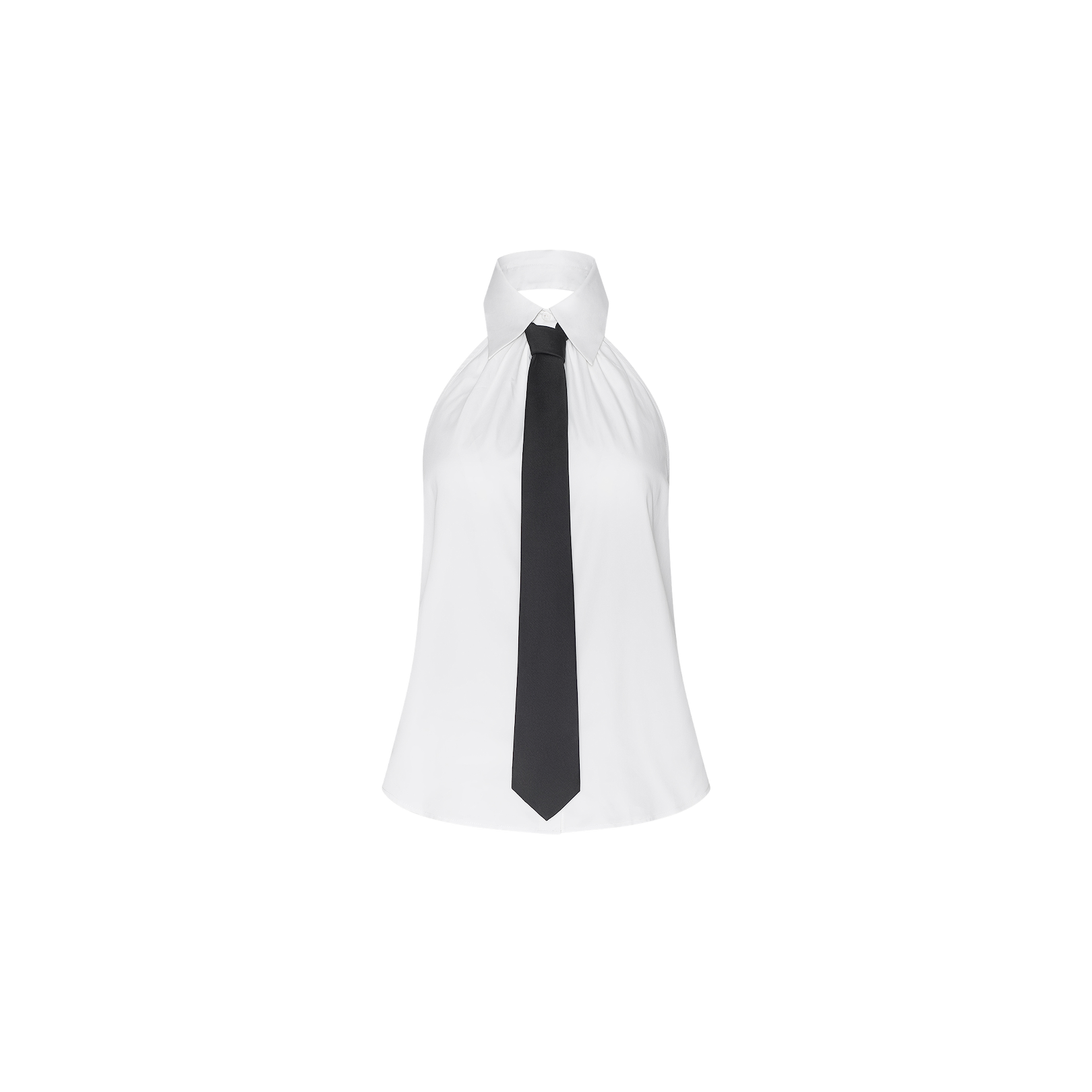 Wren Neck-Tie Top, a sleeveless white halter-neck design featuring a black necktie and inspired by New York Fashion Week, shown against a plain white background.