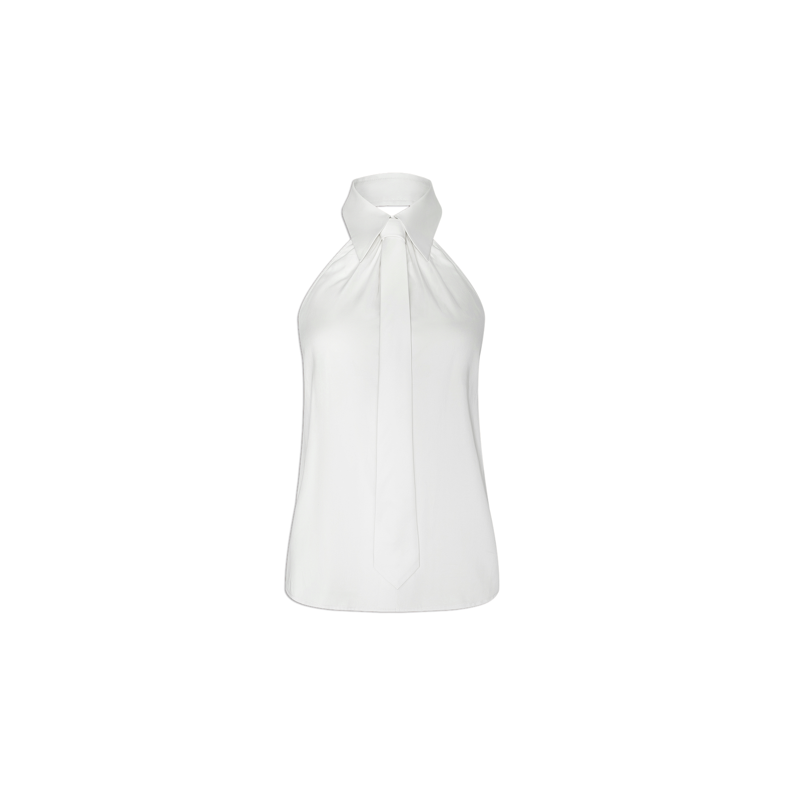 Wren Poplin Top in white, featuring a sleeveless halter silhouette and high neckline, crafted from crisp sateen poplin with a long, narrow front tie detail, shown against a plain white background.