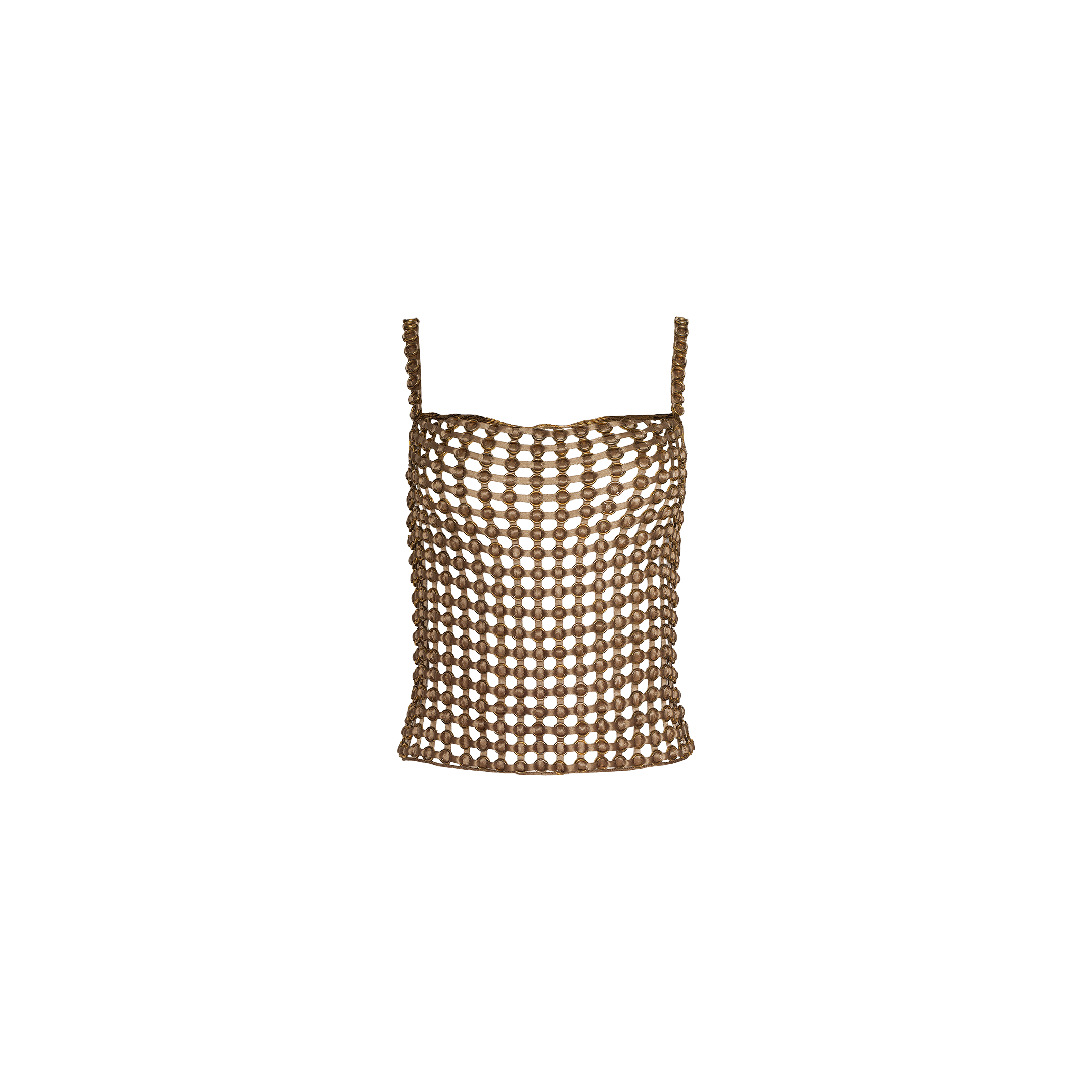 Joanette Embellished Tank—a brown crochet tank top with a netted, open-knit design, featuring thin shoulder straps and a straight neckline. This hand-woven top is displayed on a plain white background.