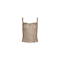 Joanette Embellished Tank—a brown crochet tank top with a netted, open-knit design, featuring thin shoulder straps and a straight neckline. This hand-woven top is displayed on a plain white background.