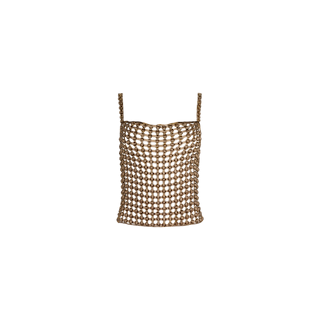 The Joanette Embellished Tank is a brown crochet tank top featuring a loose, open-weave pattern, delicate thin straps, and elegant ribbon-woven accents, shown against a plain white background.