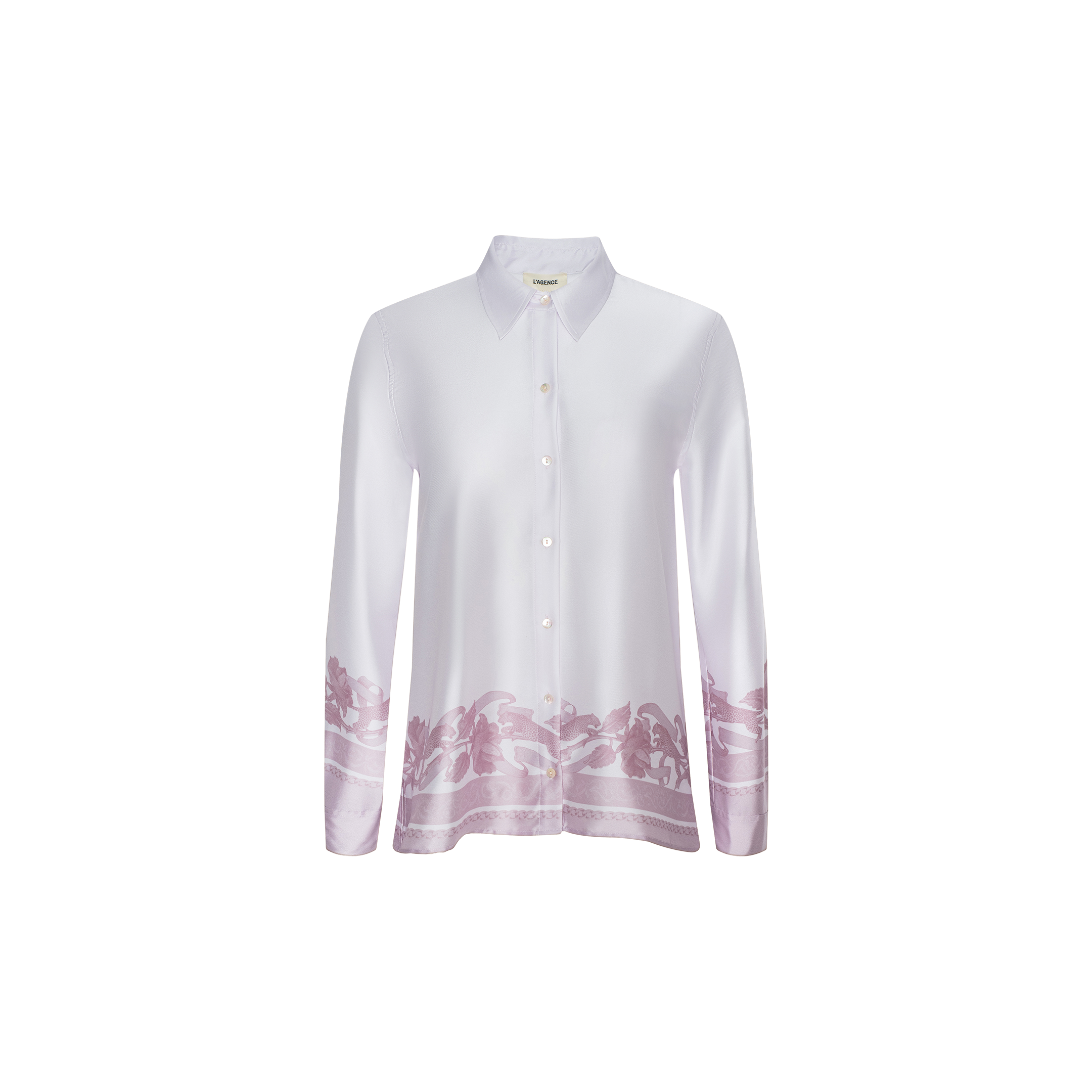 Judy Blouse: White long-sleeve button-down shirt featuring a classic collar with a purple floral pattern accenting the cuffs and lower hem, displayed on a plain white background.