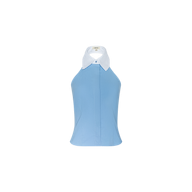 Rina Poplin Halter Top—a sleeveless light blue summer blouse with a white pointed collar and button-down front, crafted from soft poplin—displayed on a plain white background.