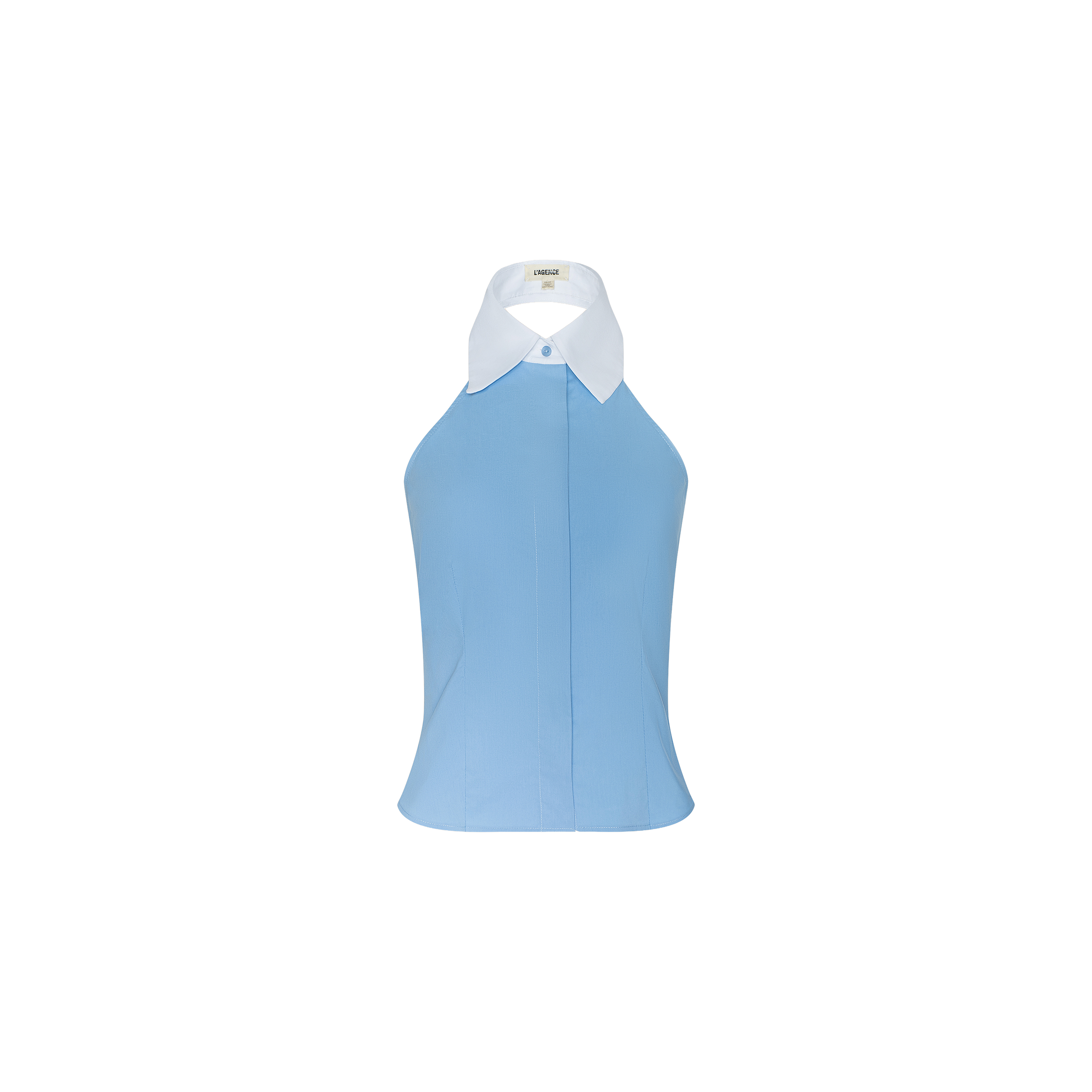 Rina Poplin Halter Top—a sleeveless light blue summer blouse with a white pointed collar and button-down front, crafted from soft poplin—displayed on a plain white background.