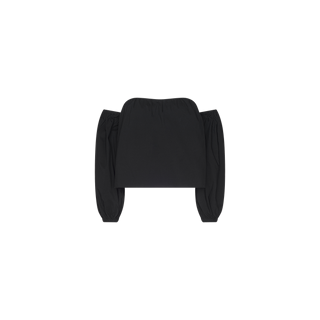 The Sarai Off-The-Shoulder Top features long puffed sleeves gathered at the shoulders and cuffs, creating an effortlessly chic silhouette. Displayed against a plain white background, this stylish black cropped top is perfect for any occasion.