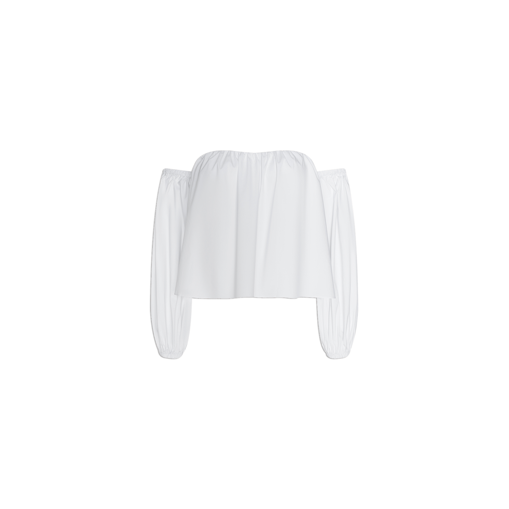 The Sarai Off-the-Shoulder Top is crafted from an organic cotton-blend and features long, loose sleeves with gathered elastic cuffs, shown against a plain white background.