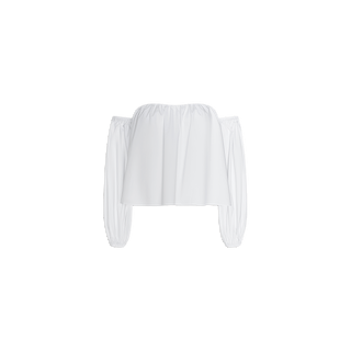 The Sarai Off-the-Shoulder Top features long puffy sleeves with elasticized cuffs and is crafted from a soft organic cotton-blend for all-day comfort, shown here on a plain white background.