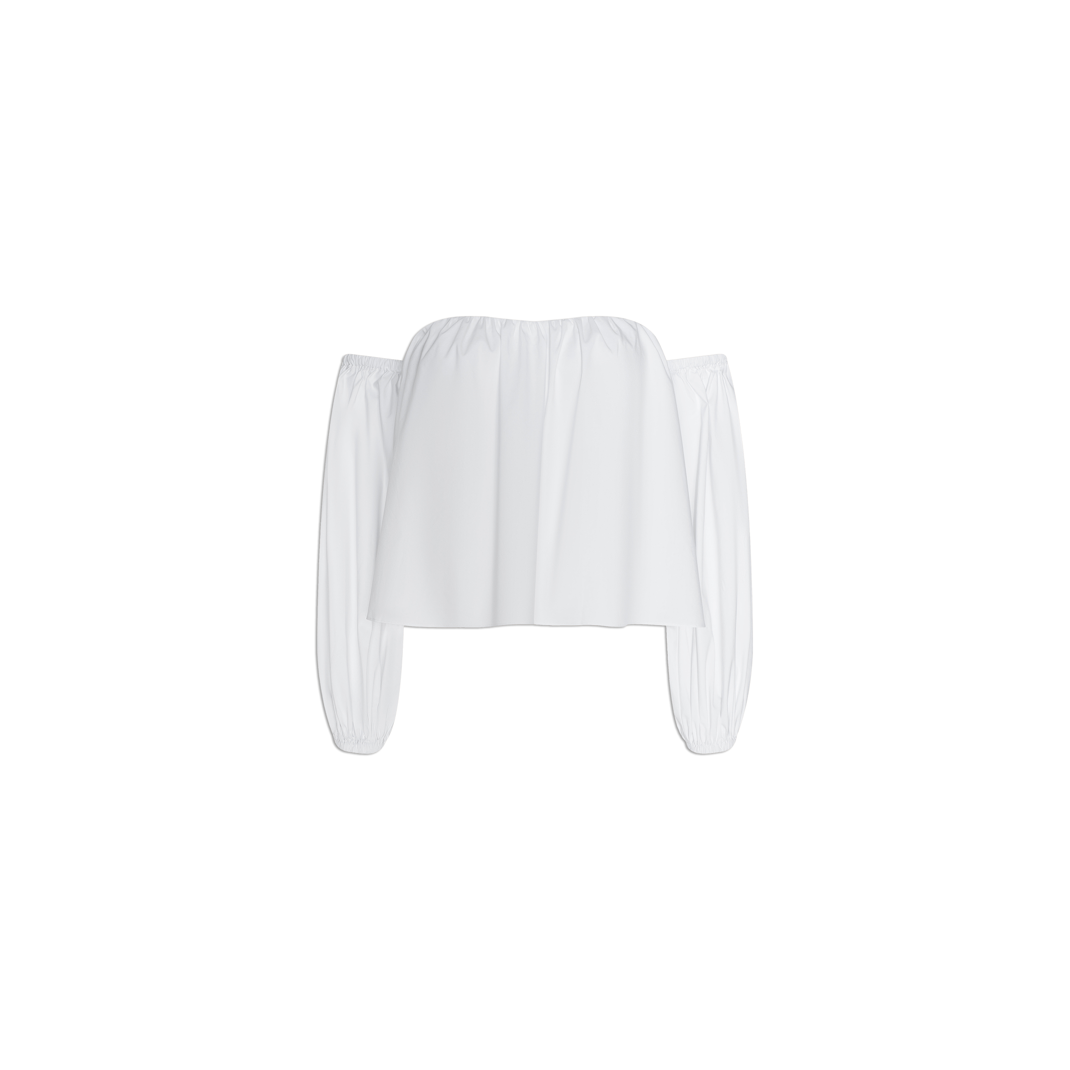 The Sarai Off-the-Shoulder Top is crafted from an organic cotton-blend and features long, loose sleeves with gathered elastic cuffs, shown against a plain white background.