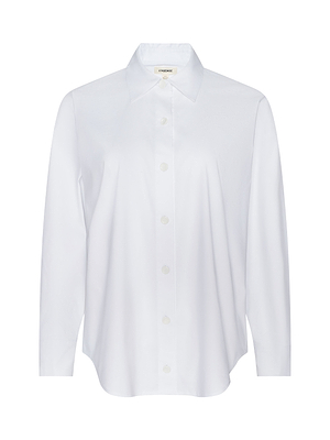 The Rylie Poplin Shirt is a plain white, long-sleeve button-down with a collar, made from organic cotton and displayed on a white background.