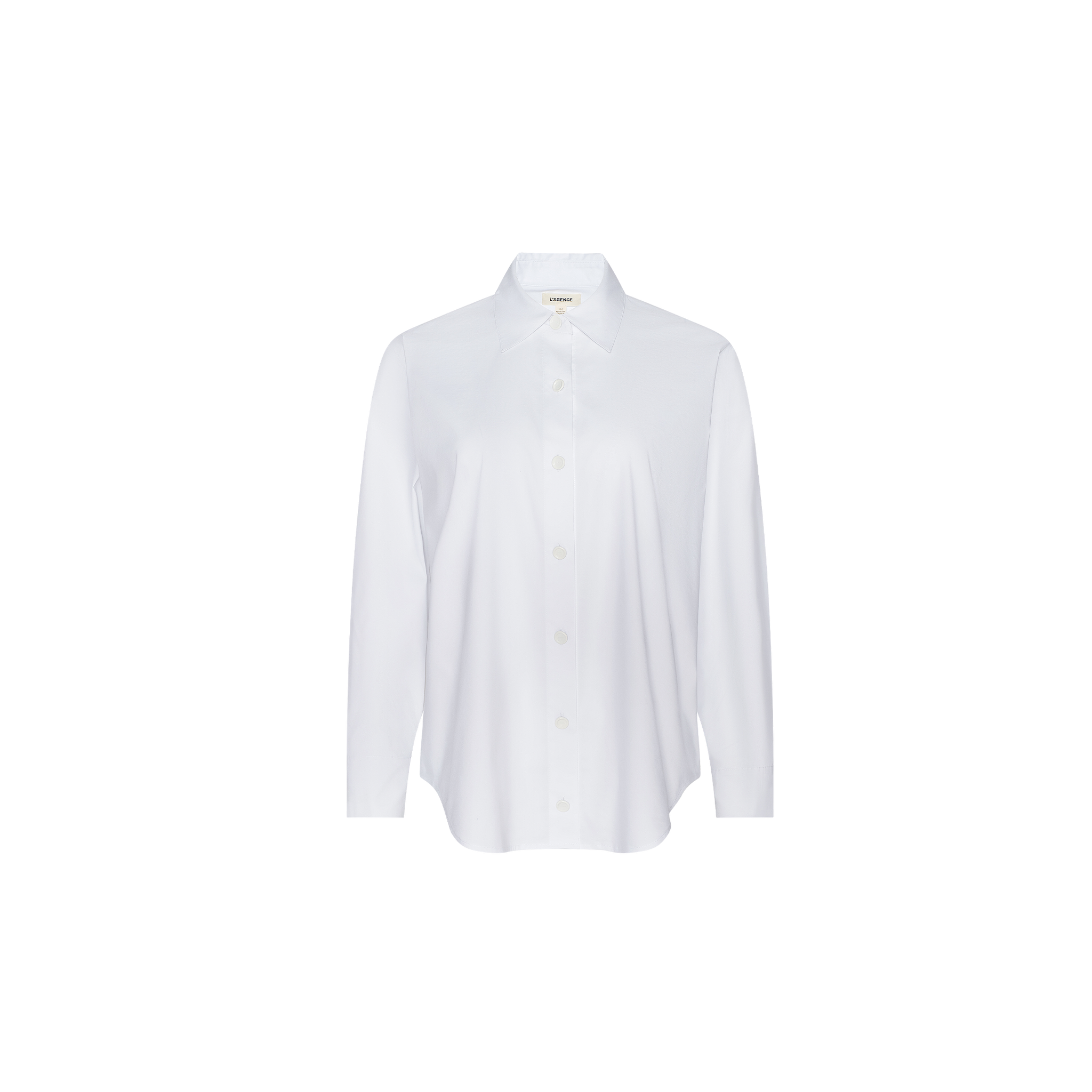 The Rylie Poplin Shirt is a long-sleeved, collared button-down crafted from organic cotton in a relaxed fit, shown here in plain white against a white background.