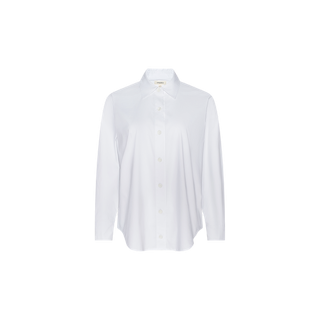 The Rylie Poplin Shirt is a plain white button-down long-sleeve shirt with a collar, crafted from organic cotton. Shown against a white background, its relaxed fit promises all-day comfort and effortless style.