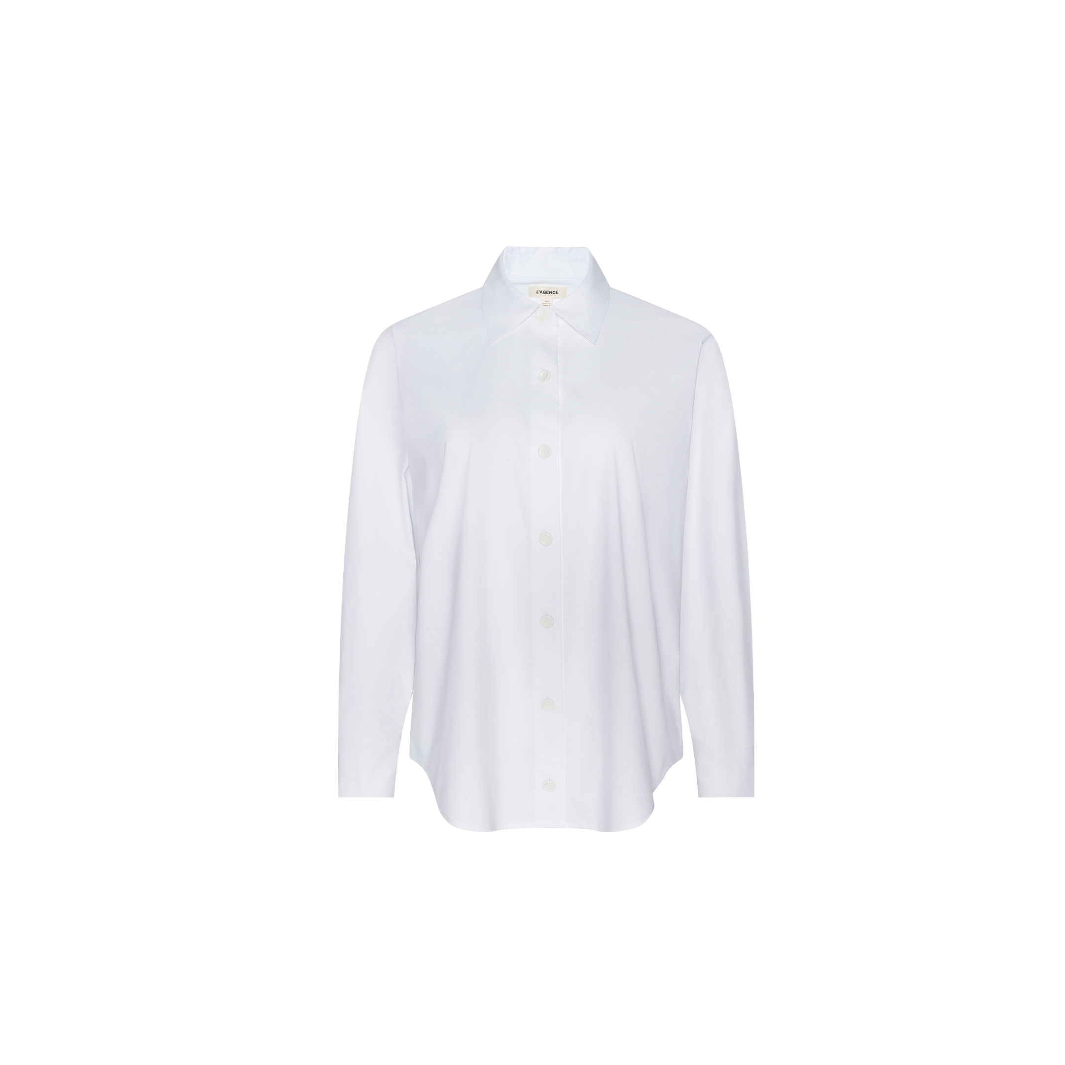The Rylie Poplin Shirt is a plain white, long-sleeve, button-down shirt set against a simple light background, capturing minimalist elegance inspired by Paris Fashion Week.