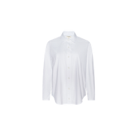 The Rylie Poplin Shirt is a plain white, long-sleeve, button-down shirt set against a simple light background, capturing minimalist elegance inspired by Paris Fashion Week.