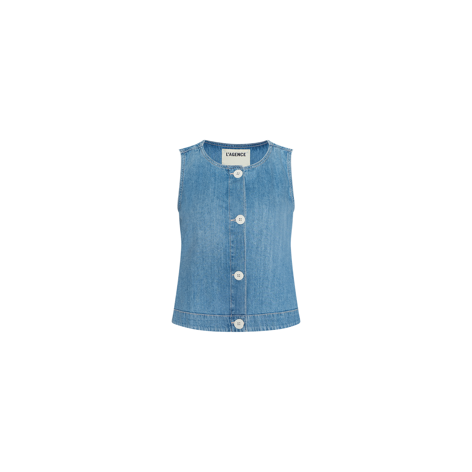 The Foster Top is a sleeveless light blue denim vest crafted from featherweight denim, featuring large white buttons down the front, a round neckline, and a slightly flared hem for an elegant A-line silhouette, displayed on a plain white background.