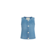The Foster Top is a sleeveless light blue denim vest crafted from featherweight denim, featuring large white buttons down the front, a round neckline, and a slightly flared hem for an elegant A-line silhouette, displayed on a plain white background.