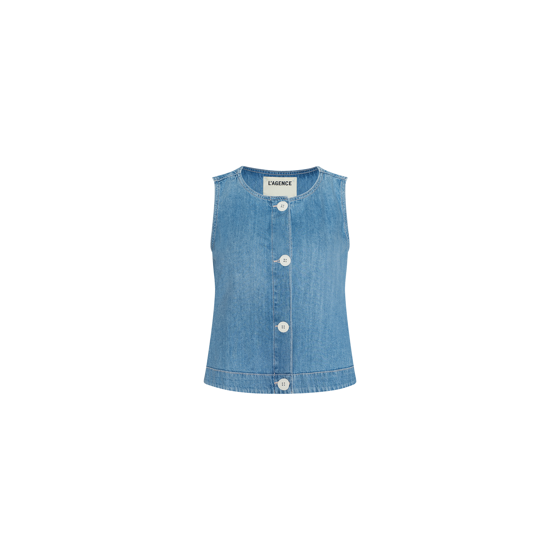 The Foster Top is a sleeveless light blue denim vest crafted from featherweight denim, featuring large white buttons down the front, a round neckline, and a slightly flared hem for an elegant A-line silhouette, displayed on a plain white background.