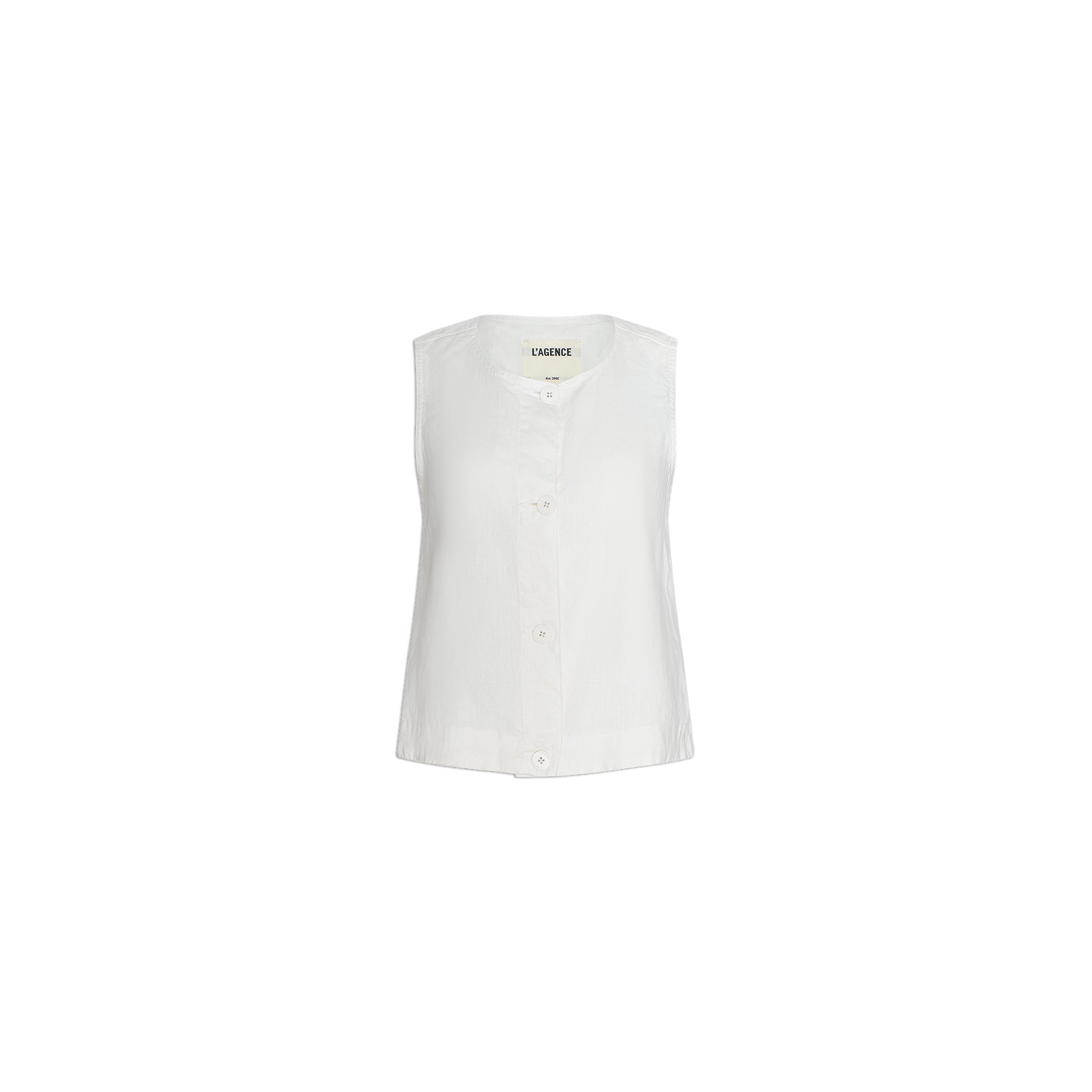 The Foster Linen Top is a sleeveless white button-up blouse featuring a V-neck collar and an A-line silhouette, displayed on a plain white background—a stylish summer top perfect for warm weather.