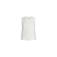 The Foster Linen Top is a sleeveless white button-up blouse featuring a V-neck collar and an A-line silhouette, displayed on a plain white background—a stylish summer top perfect for warm weather.