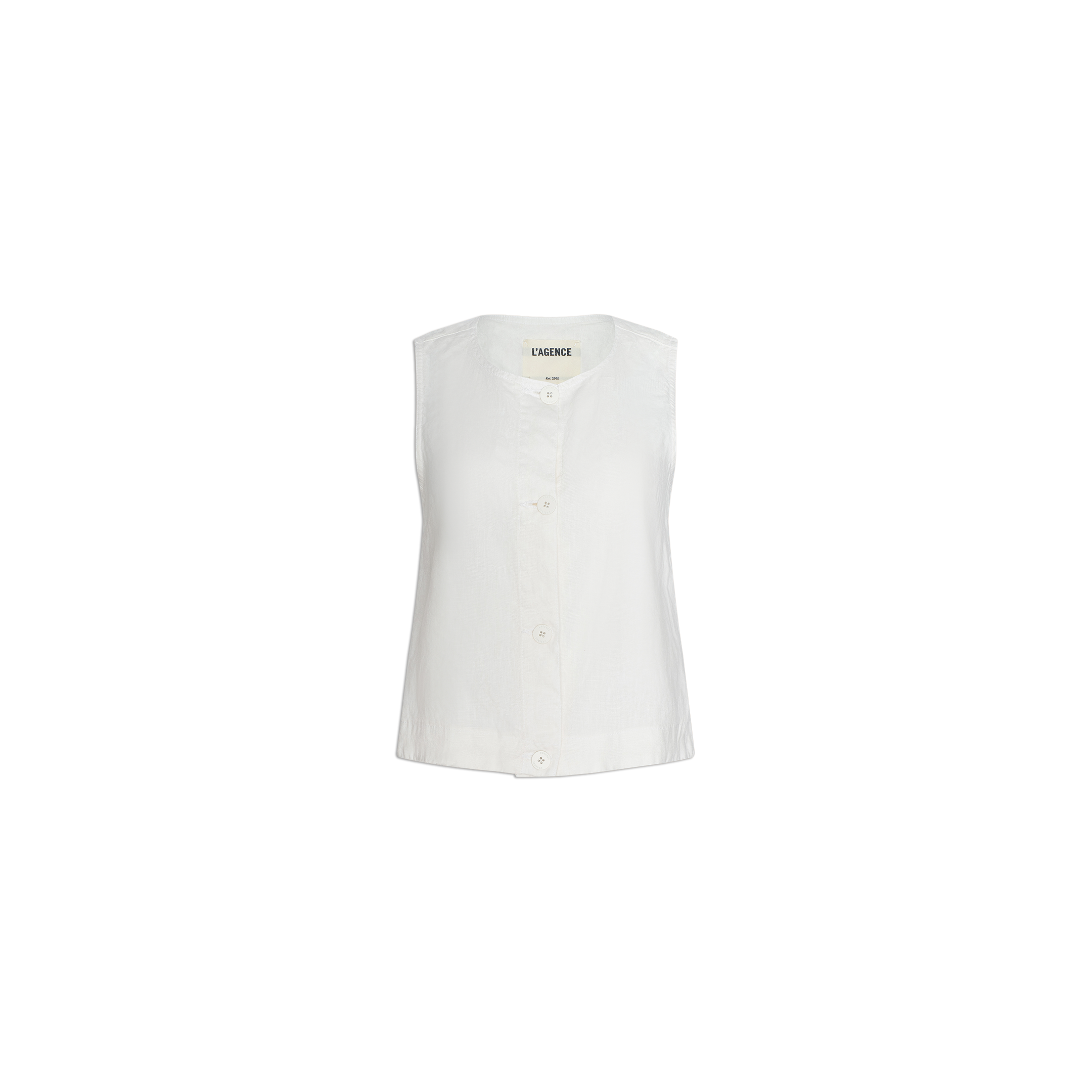 The Foster Linen Top is a sleeveless white button-up blouse featuring a V-neck collar and an A-line silhouette, displayed on a plain white background—a stylish summer top perfect for warm weather.