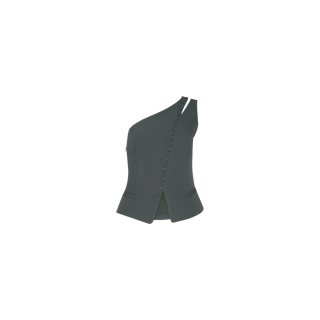 The Zinnia One-Shoulder Top in dark ash olive green features sculptural tailoring with an asymmetrical silhouette, diagonal button closure down the front, and two small front pockets, displayed on a plain white background.