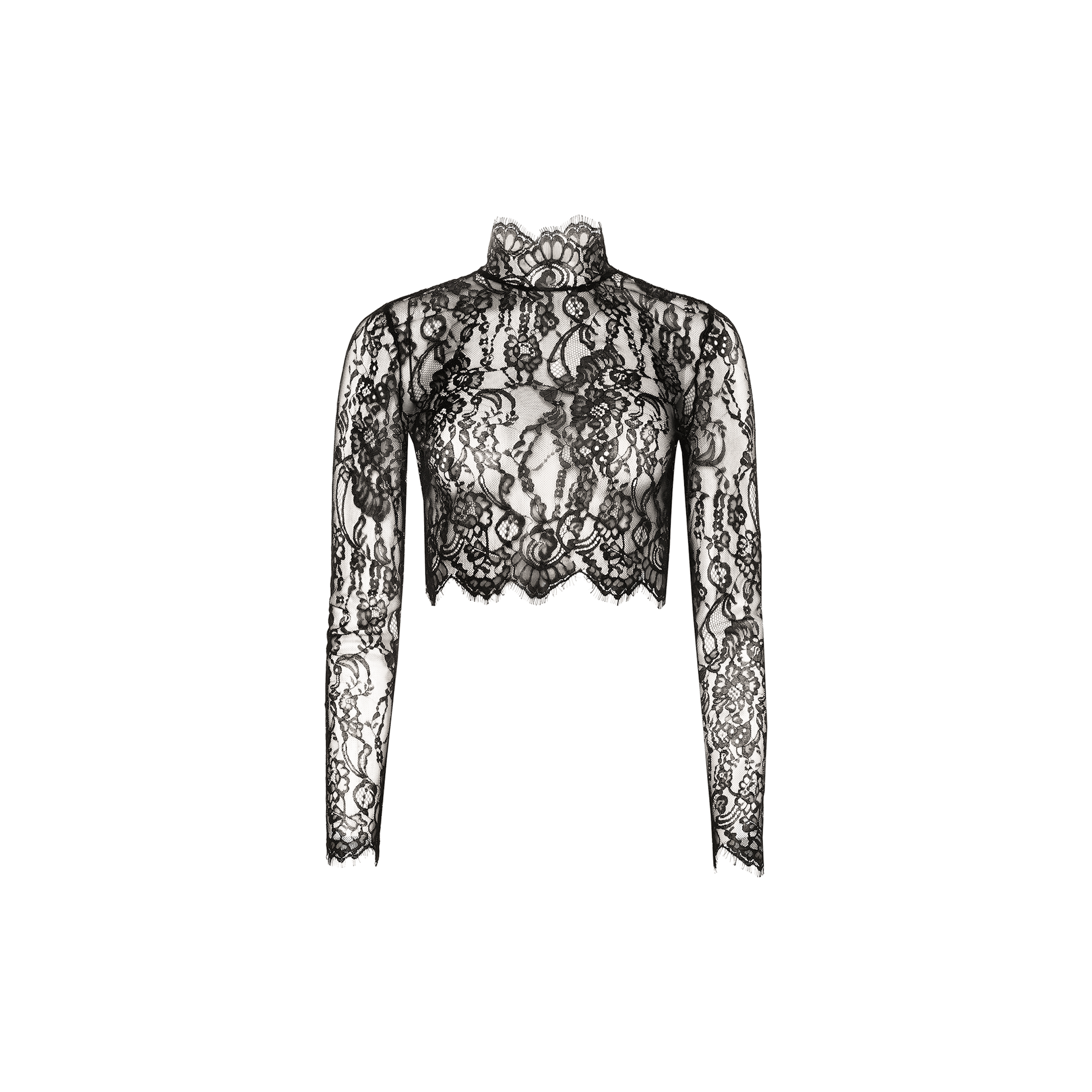 The Henriette Cropped Lace Top is a black long-sleeve crop top with a high neck, featuring delicate Chantilly lace and floral see-through patterns against a plain white background.